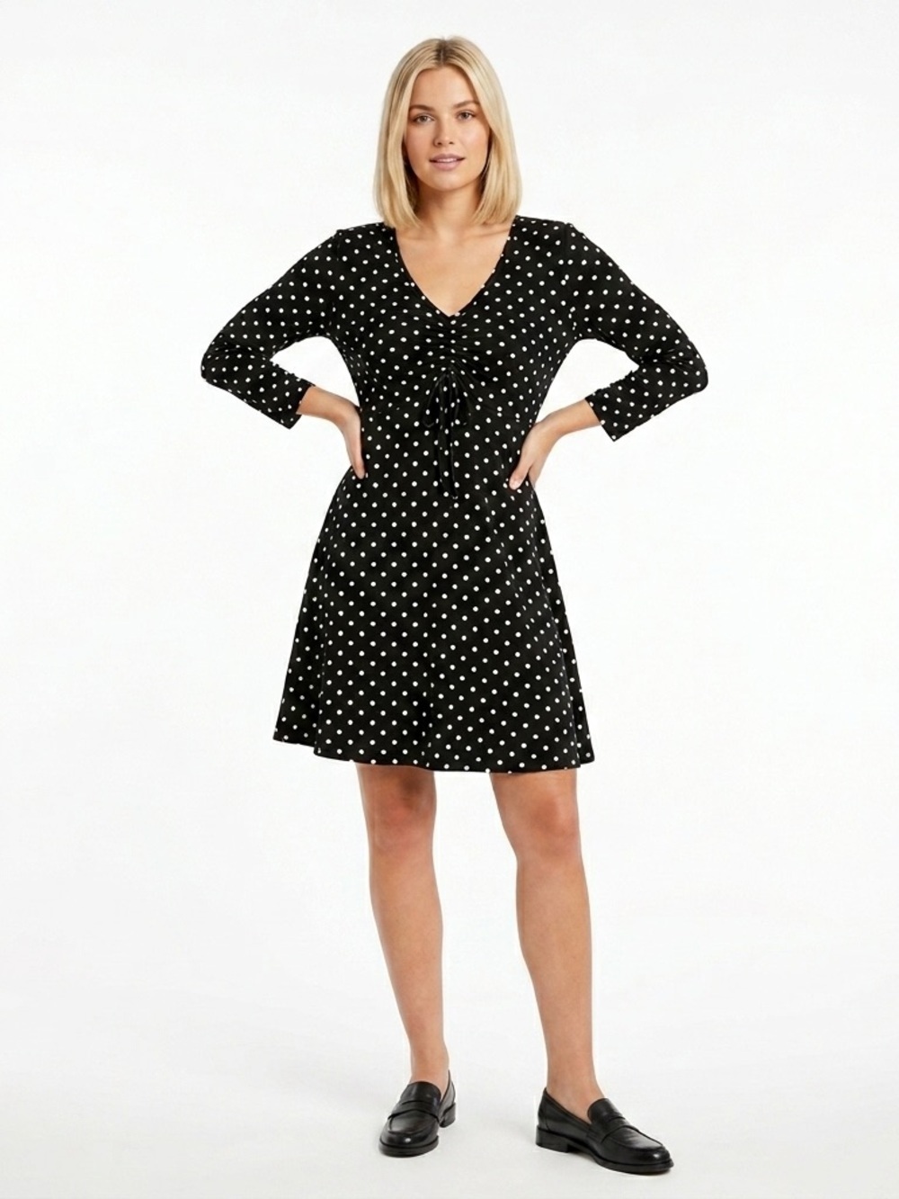 Bobbie Brooks Black and White Polka Dot V-Neck A-Line Dress